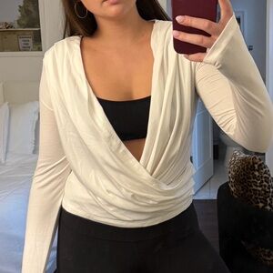 SHEIN White Deep V Plunge Wrap Long Sleeve
